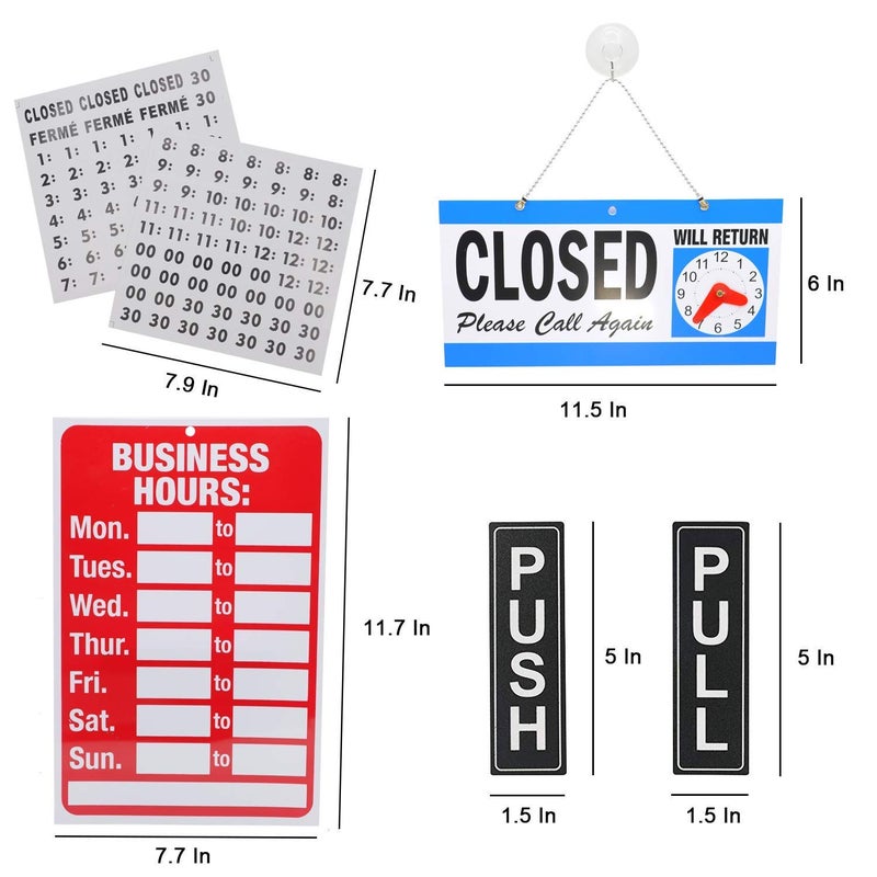 DGQ Business Hour Open Closed Sign & Push Pull Door Signs â€“ Bundle of Office Hours Sign Will Return Clock with Suction Cups for Door Window Businesses Stores Restaurants Bars Salon Shops - Image 2